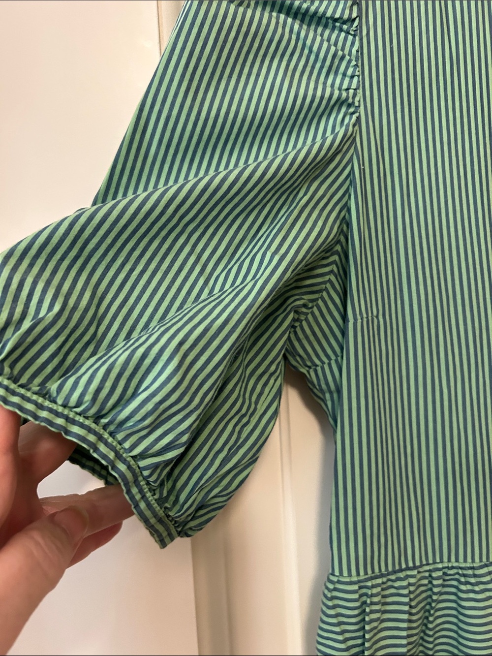 Nation LTD Dustin Romantic MIDI Green and Navy Striped Shirt Dress add Denim - Picture 4 of 9